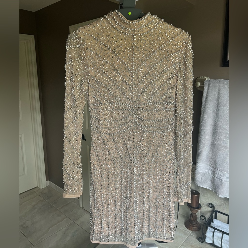 High Neck Long Sleeve Beaded Mini Dress